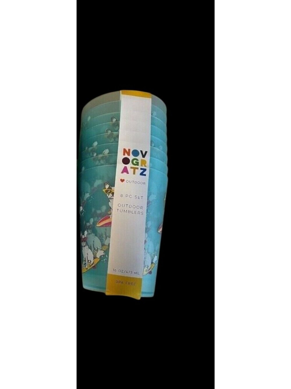 Novogratz Teal Frenchie Surfing Outdoor Cups 16 oz 8-piece Set Brand New